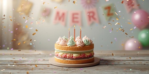 Birthday bento cake with a banner backdrop and room for text, suitable for festive greetings and celebration planning