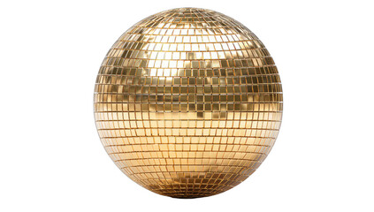 A golden disco ball covered in small reflective squares, isolated on a black background