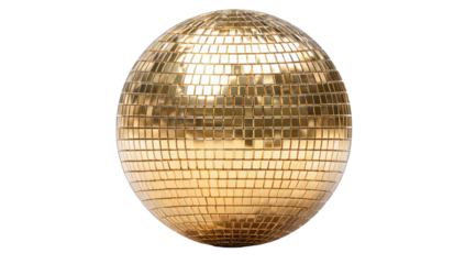 A golden disco ball covered in small reflective squares, isolated on a black background