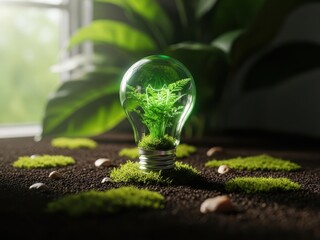 Green plant growing inside a light bulb on soil