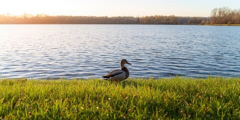 Duck resting at lakeside, serenity for natural habitat awareness