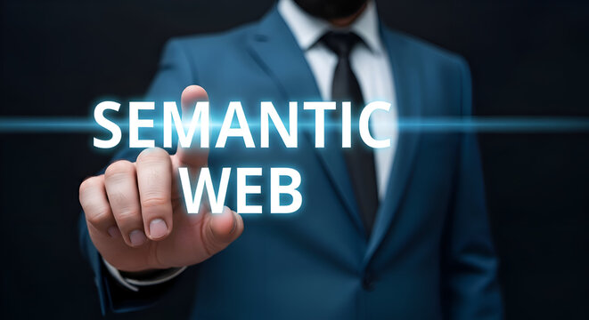 Businessman in blue suit touches glowing digital text displaying semantic web concept against a dark background for technology innovation and future internet development