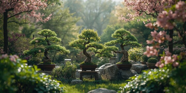 Miniature bonsai trees arranged in a garden setting, focusing on cultivation and pruning practices, for botanical study - Powered by Adobe