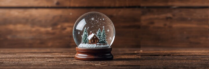Holiday ornament with snow globe and wooden surface, seasonal decoration