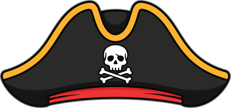 Classic pirate tricorn hat vector illustration, black buccaneer captain headgear with skull and crossbones emblem