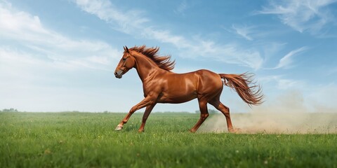 Horse galloping on grass, motion and athleticism in outdoor animal photography