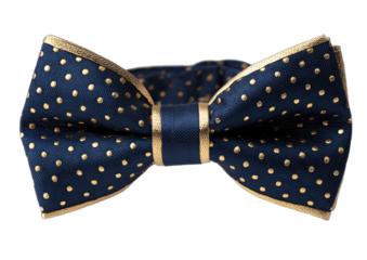 Elegant navy blue bow tie with gold polka dots and trim