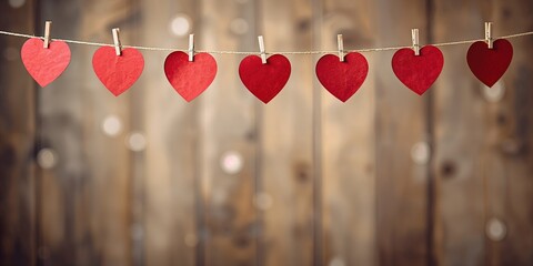 Red paper hearts hanging on a rope, festive decoration for Valentine's Day, seasonal celebration