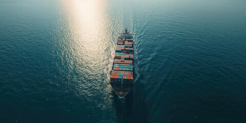 Birds eye perspective of TEU containers on a vessel at sea, highlighting global freight transport operations