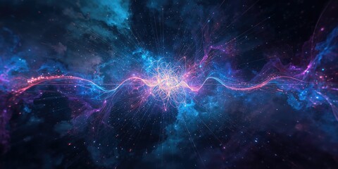 Abstract background featuring vibrant quantum string patterns in a 3D rendered style, used for graphical design or UI