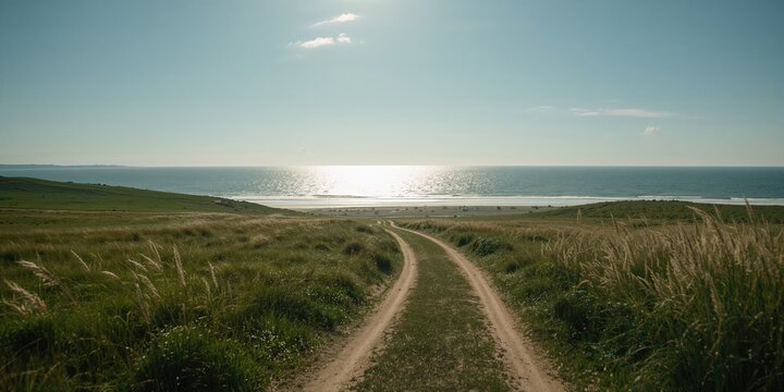 Coastal scene along the Sea of Azov with beach, grass, and agricultural elements, highlighting nature and landscape preservation, Earth Day