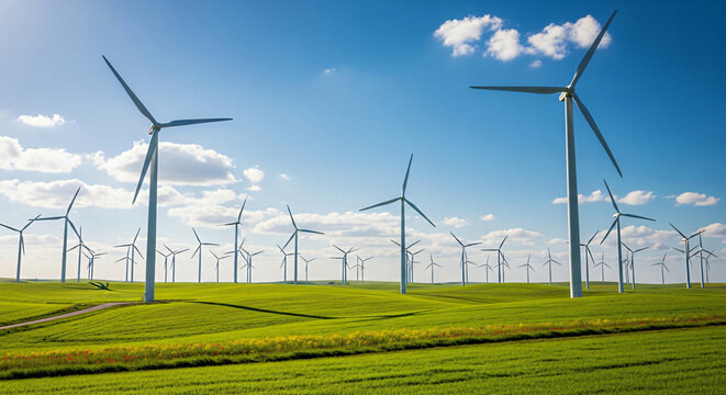 Wind Turbines Rotating on Green Field Under Blue Sky - Powered by Adobe