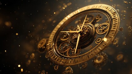 Fototapeta premium Ornate golden clockwork mechanism floating in dark space, sparkling highlights