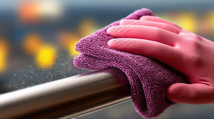 Hospital cleaning: a hospital cleaner disinfecting handrails and door handles