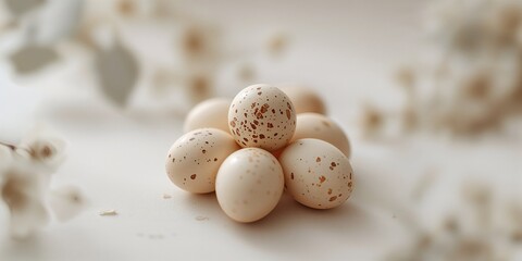 Close-up of fresh quail eggs highlighting their delicate shells and small size, used for gourmet dishes or decorative purposes, World Egg Day