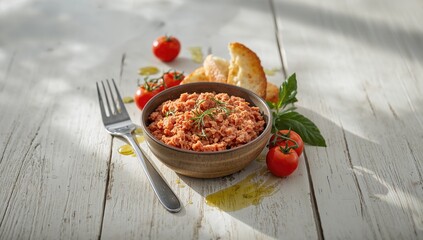 Fresh seafood snack with preserved tuna, cherry tomatoes, and bread on a white wooden table, highlighting nutritious eating choices