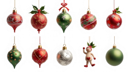 Festive Collection of Traditional Christmas Ornaments and Adorable Snowman Decoration Isolated on White Background