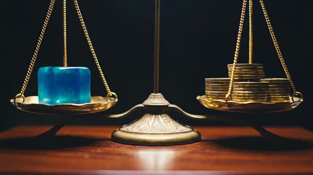 A balanced brass scale holds a blue cube on the left and stacks of coins on the right. on dark wood