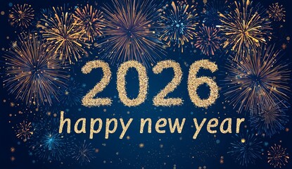 A vibrant and colorful new year's greeting card with the numbers "2026" in large, glowing gold letters at its center against an enchanting blue background adorned with fireworks and confetti.
