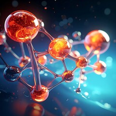 Glowing atom structure, connected by transparent rods, set against blue/black bokeh background