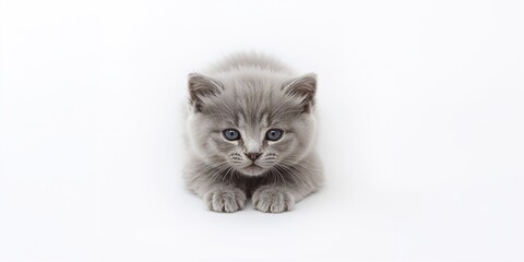 Sleeping blue British Shorthair kitten lying flat on a white background, highlighting feline repose, International Pet Sleep Day