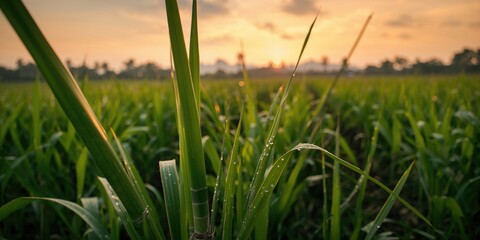 Closeup of sugarcane in a field highlighting crop harvesting, suitable for agricultural layout backgrounds