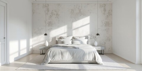 White and gray bedroom interior designed for restful sleep, serving as a background for bedroom decor and layout planning