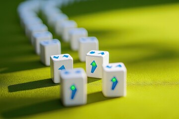 White cubes with blue arrows, forming a path on a lime green surface