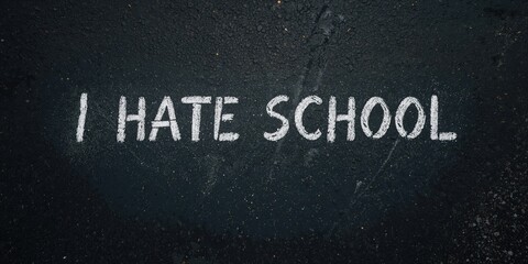 A person with a negative attitude towards school concept, expressed through graffiti on the sidewalk, reflecting disinterest in education