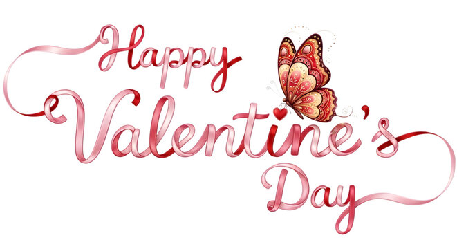 Watercolor happy valentines day lettering with heart and butterfly illustration