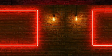 Red and white neon lighting on a brick wall background for a party or text, suitable for layout design