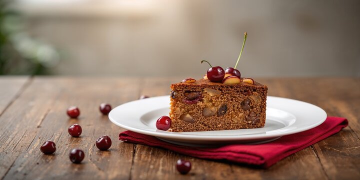 Sliced fruit cake with mixed fruit and cherries on a red napkin, dessert presentation