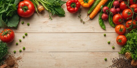Assorted fresh vegetables and herbs on a light table surface serving as a cooking backdrop, top-down perspective