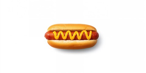 Hot dog with mustard on a plain white background, focusing on processed meat and condiment contrast