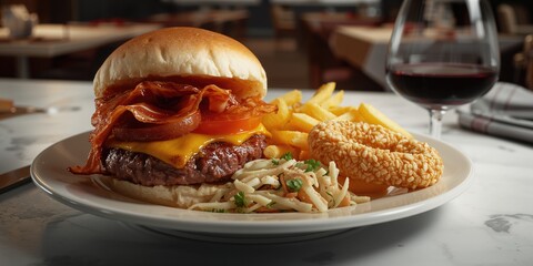 Juicy beef sandwich with side of French fries onion ring and coleslaw, typical fast food presentation