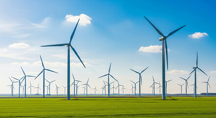 Wind Turbines Spinning in a Green Field Under a Clear Blue Sky