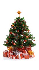 Festive Christmas Tree Design – Decorative Holiday Greeting Card, Green Fir Pine Spruce, Xmas Ornaments, Winter Celebration, Merry Christmas, Gifts, Box, Star, Illustration on White Background