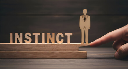 Wooden letters spelling instinct next to a small businessman figure balanced precariously on blocks pushed by a human finger demonstrating intuition