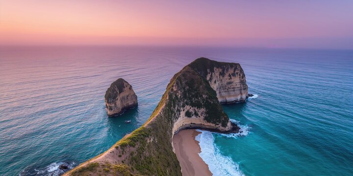 Serene seaside scene showing rugged cliffs and sandy shoreline at dusk, ideal for background imagery, Earth Day