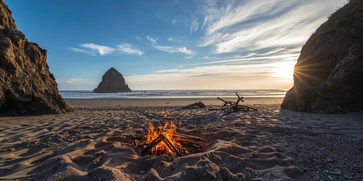 Beach scene featuring a bonfire surrounded by driftwood, focusing on shoreline maintenance and coastal erosion