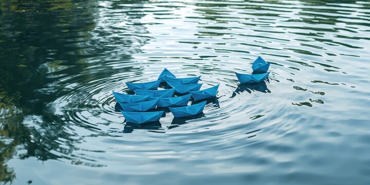 Blue paper boats, with one drifting away symbolizing individuality, on a water surface, reflective of breaking free from influence