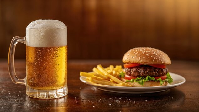 A frothy beer mug alongside a burger, classic pub-style meal - Powered by Adobe