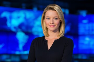 Female professional european news anchor during indoor breaking news in studio.
