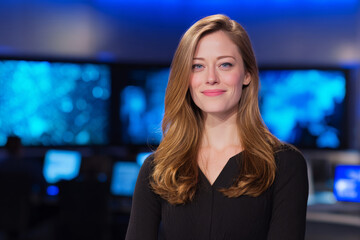 Female professional european news anchor during indoor breaking news in studio.