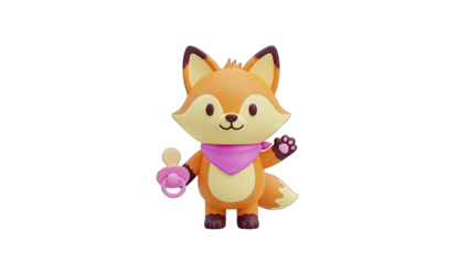 Cute cartoon fox character wearing a pink bandana and holding a pacifier waving with its paw isolated on a transparent background, bright lighting, 3D render digital art