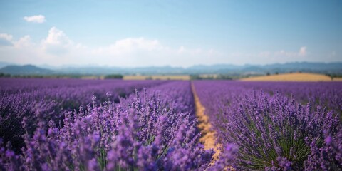 Fototapeta premium Close up of vibrant purple lavender bushes in a rural setting, emphasizing summer growth and landscape preservation, Earth Day