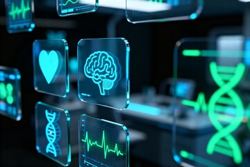 Floating glass panels with neon medical icons brain, DNA, heart, ECG hover in a high-tech lab, symbolizing digital healthcare, AI diagnostics, and smart patient monitoring.