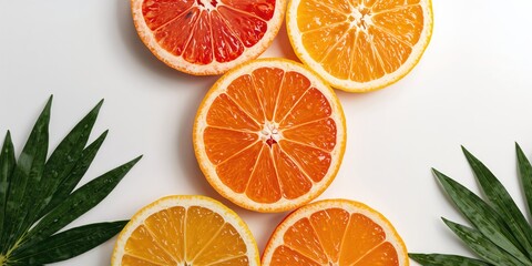 Orange, grapefruit, and lemon slices arranged on a textured surface for a fresh food display background