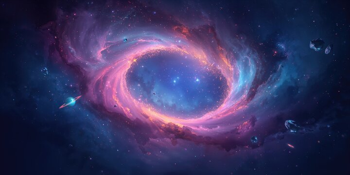 Animated cosmic landscape featuring a nebula in the foreground, used as UI backdrop, International Astronomy Day