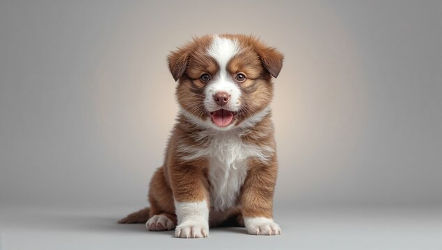Alabai puppy with brown and white fur lying on a gray backdrop, ideal for animal shelter displays
